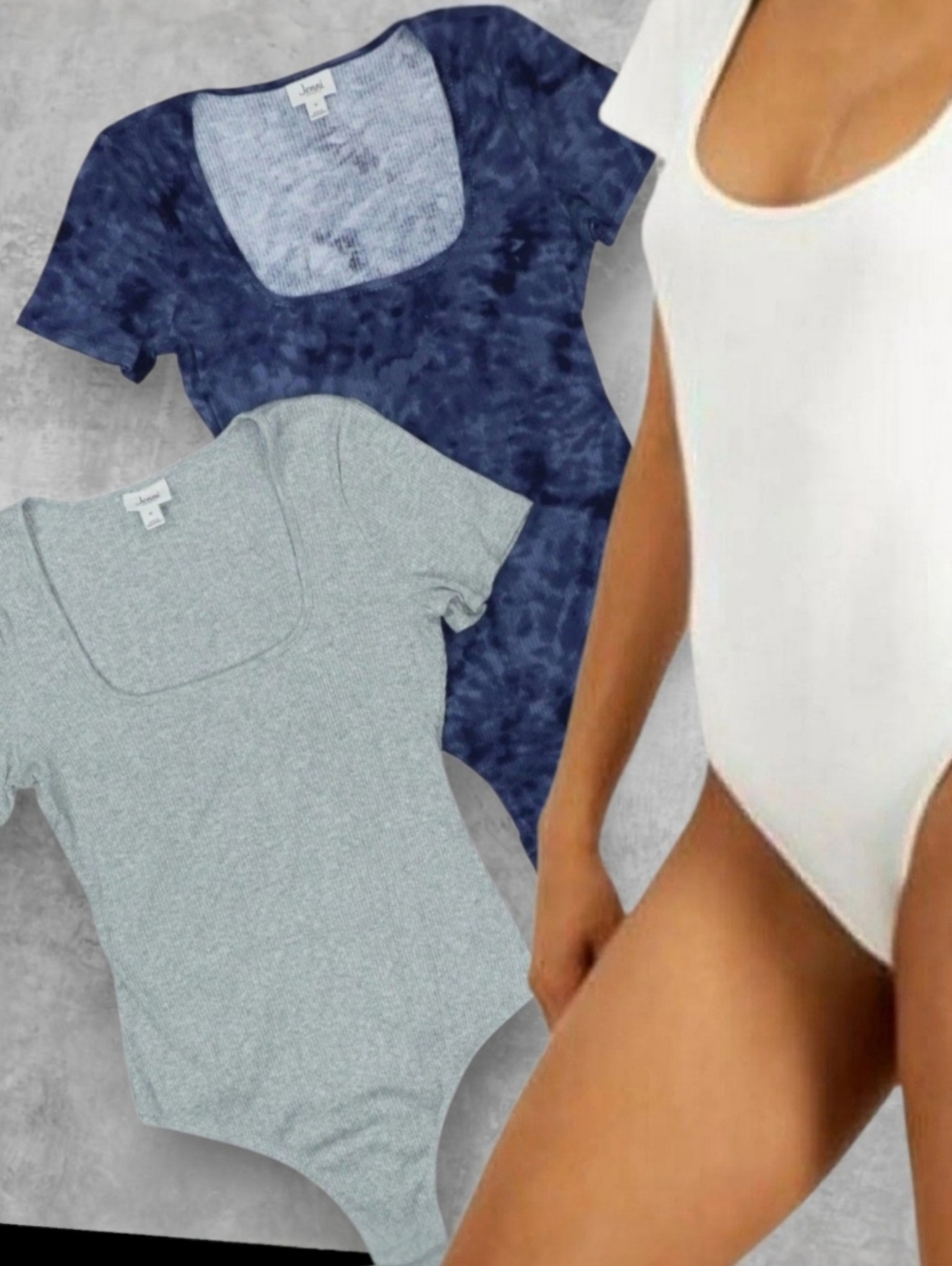 Jenni 3 PC Women’s Scoop Neck Bodysuit - White,Tie-Dye, Heather Gray Thong Back